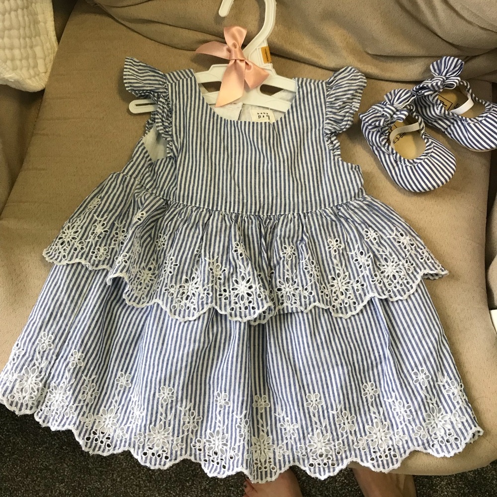 Baby Gap blue & white striped eyelet dress w shoes